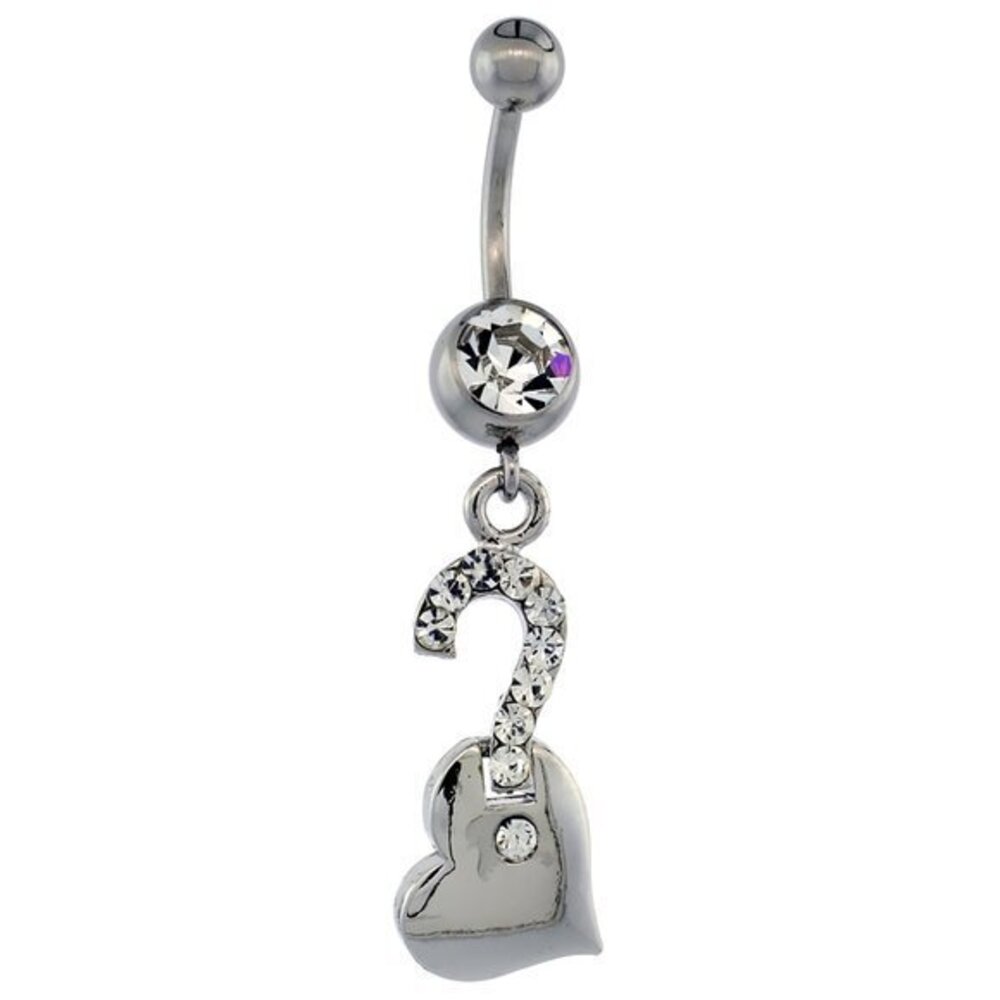 Surgical Steel Barbell Question Mark on Heart Belly Button Ring w/ Crystals